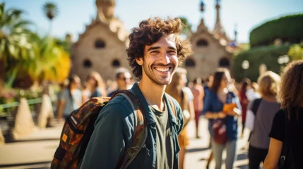 Sierkussen Tourists take selfies with smartphones in Park Guell, Barcelona, Spain - Man smiling on vacation © sirisakboakaew