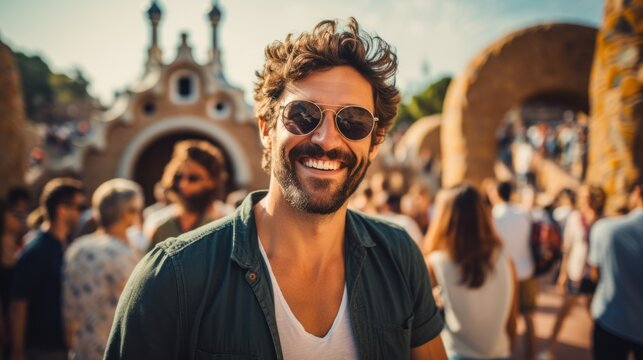 Tourists take selfies with smartphones in Park Guell, Barcelona, Spain - Man smiling on vacation