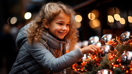 Fototapeta na wymiar happy child girl decorating christmas tree in christmas market. xmas and new year holidays concept.