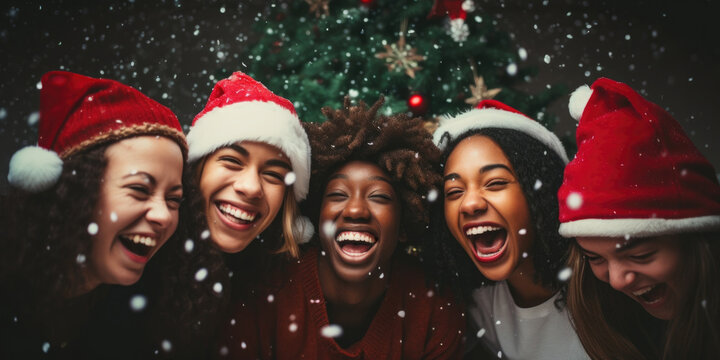 Cheerful young people with santa hat celebrate New Year together at home, generative ai