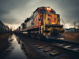 Freight train with graffiti art, rustic, on tracks through a desolate industrial area, cloudy...
