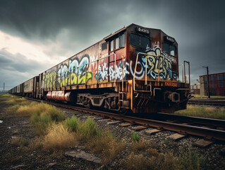 Fototapeta premium Freight train with graffiti art, rustic, on tracks through a desolate industrial area, cloudy overcast sky, dramatic ambient lighting