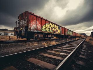 Freight train with graffiti art, rustic, on tracks through a desolate industrial area, cloudy overcast sky, dramatic ambient lighting