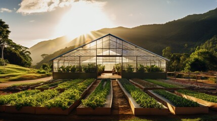 Stunning view of a beautiful modern greenhouse with solar panels in the countryside.