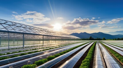 Stunning view of a beautiful modern greenhouse with solar panels in the countryside.