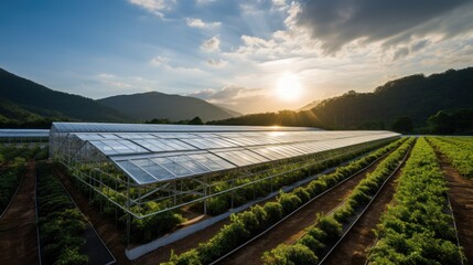 Stunning view of a beautiful modern greenhouse with solar panels in the countryside.