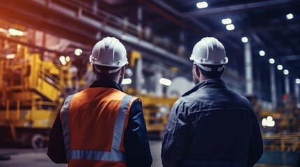 Engineers and factory managers wearing safety helmet inspect the machines in the production. inspector opened the machine to test the system to meet the standard. machine, maintenance