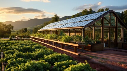 Stunning view of a beautiful modern greenhouse with solar panels in the countryside. - obrazy, fototapety, plakaty