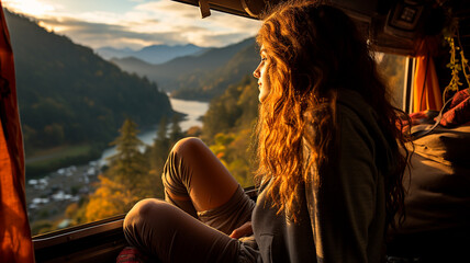 Naklejka premium young couple on a cliff at sunset.