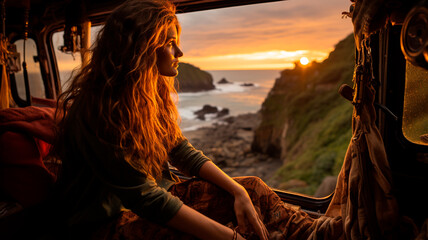 young couple on a cliff at sunset.