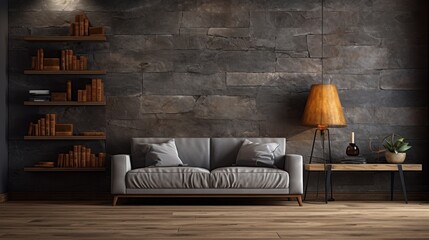 Room with gray stone wall decoration background and wooden decorations Brown parquet floor with sofa and bookshelf. - obrazy, fototapety, plakaty