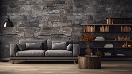 Room with gray stone wall decoration background and wooden decorations Brown parquet floor with sofa and bookshelf. - obrazy, fototapety, plakaty