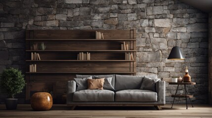 Room with gray stone wall decoration background and wooden decorations Brown parquet floor with sofa and bookshelf.