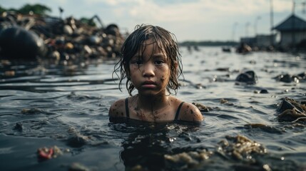 Asian children swim in a river full of waste - obrazy, fototapety, plakaty