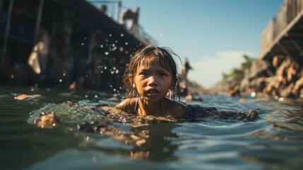 Asian children swim in a river full of waste