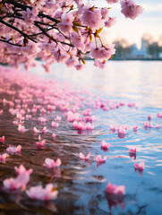Spring lakeside bloom, flowering cherry blossoms lining the shore, petals floating on the water, romantic