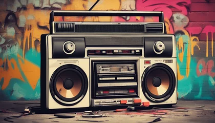 Foto op Plexiglas Retro old design ghetto blaster boombox radio cassette tape recorder from 1980s in a grungy graffiti covered room.music blaster © Nolan