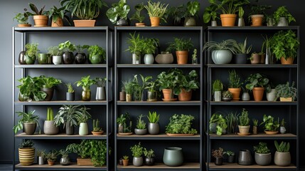 Fototapeta na wymiar A metal shelf with a variety of houseplants represents home gardening and the idea of collecting houseplants.