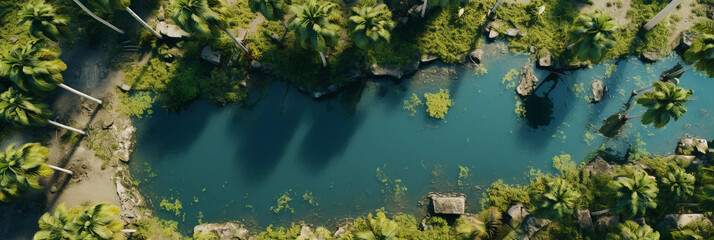 Fototapeta na wymiar bird’s - eye view, cluster of palm trees surrounding a small blue pond, aerial photography