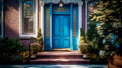 Fototapeta na wymiar The blue entrance of a delightful dwelling at night. Generative AI