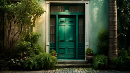 Fototapeta na wymiar Entrance of delightful dwelling is adorned by a bright green door. Generative AI