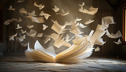 Photo of an open book releasing paper birds into the air - obrazy, fototapety, plakaty
