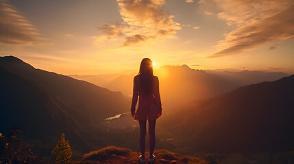 Obraz premium Majestic Sunset with Woman Silhouette on Mountain