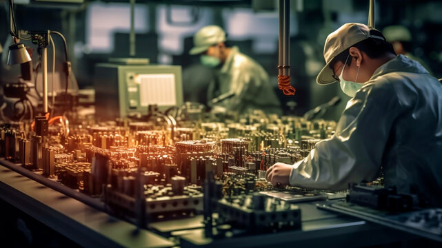 Innovative world of Chinese semiconductor factory, worker operate. Generative AI