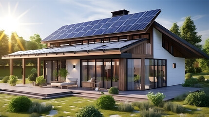 Obraz premium Sustainable Living: 3D Modern House with Solar Panel and Garden Mock-Up