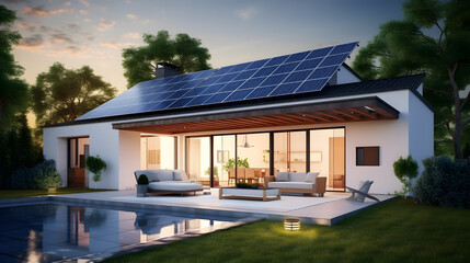 Fototapeta na wymiar Sustainable Living: 3D Modern House with Solar Panel and Garden Mock-Up