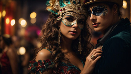Bellissima coppia con maschere e costumi a una festa del carnevale di Venezia di sera - obrazy, fototapety, plakaty