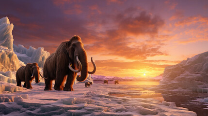 historical recreation of a glacier from the last Ice Age, woolly mammoths in the foreground, dramatic skies, time - frozen moment