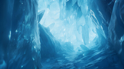 glacier ice cave interior, dramatic lighting casting shades of blue
