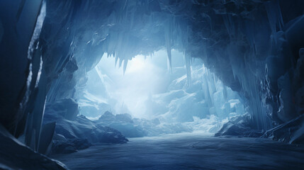 glacier ice cave interior, dramatic lighting casting shades of blue