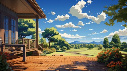 vector art of Gorgeous day in a suburban home - obrazy, fototapety, plakaty