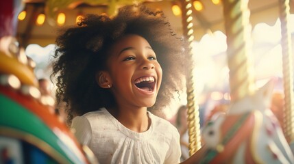 Cute happy little girl expressing excitement while on a colorful carousel, merry-go-round, having fun at an amusement park, concept of theme park trip.