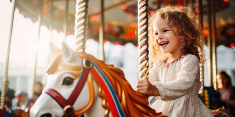 Fototapeta na wymiar Cute happy little girl expressing excitement while on a colorful carousel, merry-go-round, having fun at an amusement park, concept of theme park trip.