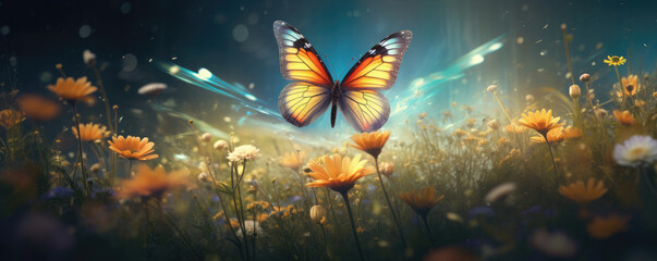 Fototapeta na wymiar Mystical beautiful butterfly in a magical flower field. Butterfly fly over flowers meadow.