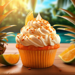 Tasty cupcake with cream and pineapple on yellow background, close up. Ai generative.
