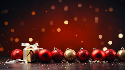 Red, Gold christmas ball and gift box arange on reflect ground in bokeh light, red spot background, Generative AI.