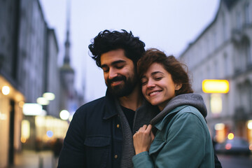 Young romantic couple hugging and walk on the streets of Berlin, Generative ai