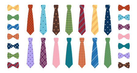 Set of colored man ties and bow ties with different patterns. Neck tie collection for business or party. Accessories for man suits. Vector flat illustration isolated on white background - obrazy, fototapety, plakaty