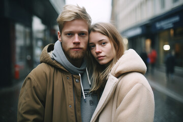 Fototapeta premium Young romantic couple hugging and walk on the streets of Berlin, Generative ai