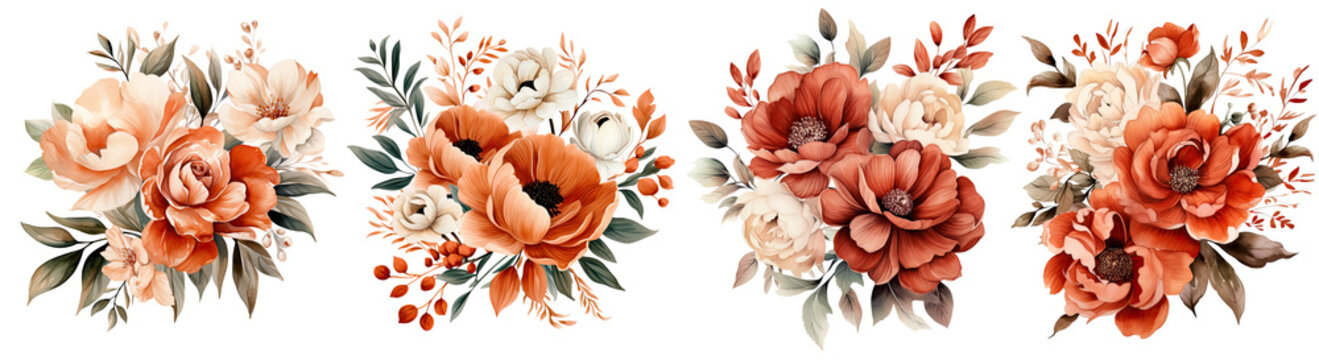 Watercolor Terracotta Floral clipart , Watercolor collection of hand drawn flowers , Botanical plant ,cut out transparent isolated on white background ,PNG file ,artwork graphic design illustration.