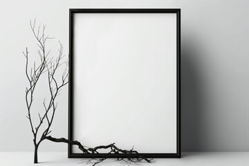 Dry branches of tree roots frame an empty frame. Mockup. AI generated.