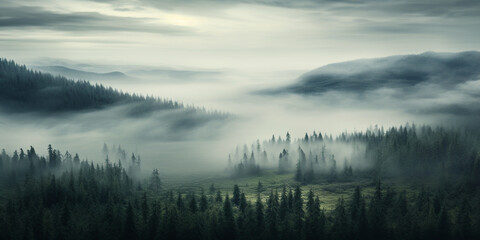 Obraz na płótnie Canvas Foggy landscape with tir forest Background