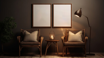 Generative AI, Poster frame mockup in beige and brown living room interior, wabi sabi minimalism style	