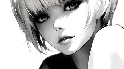 woman with amazing looking eyes, fashion girl style in black and white, ai generated image