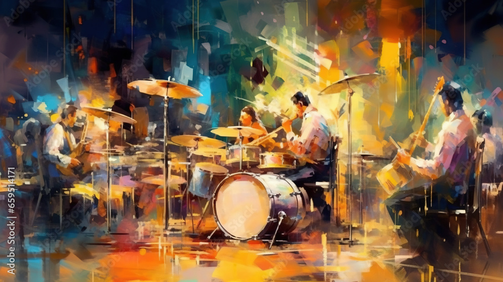 Wall mural Musicians in a Bar Drums Bass Dancers Oil Panting Abstract Art Background