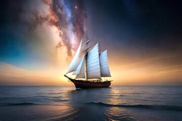Fototapeta premium sailing ship at sunset